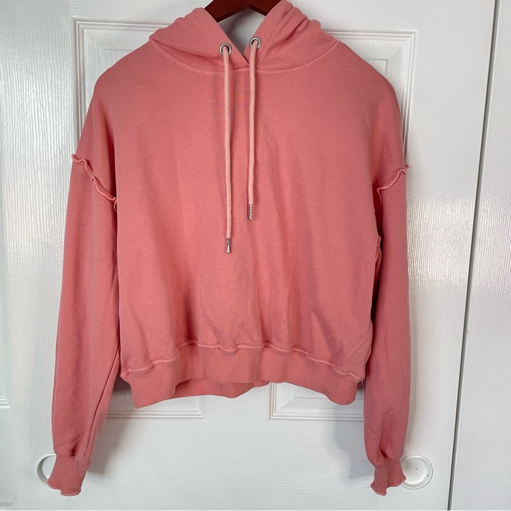 NIA Cropped Pink Ruffles Drawstring Hoodie. Medium.